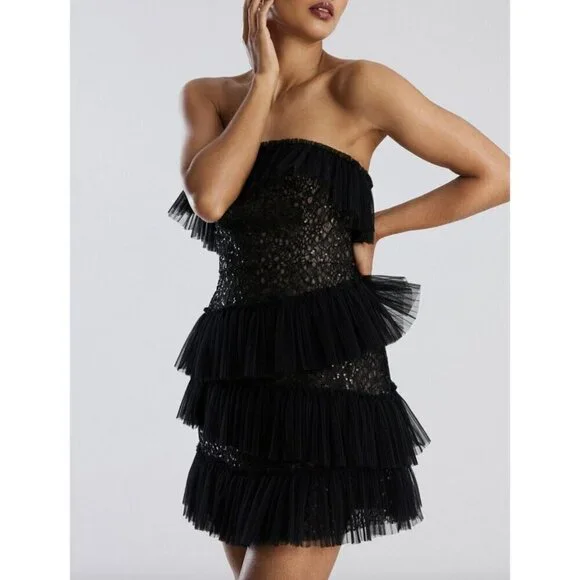 BCBGMAXAZRIA Sequin Lace & Pleated Iba Tulle Black Womens Size 6 - Picture 2 of 15